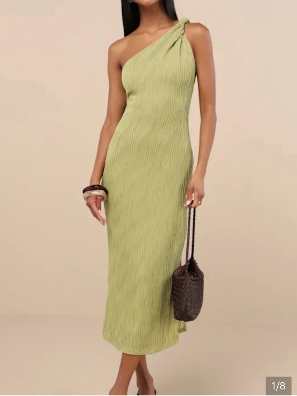 Lulu's One-Shoulder Twist Midi Dress in Light Green